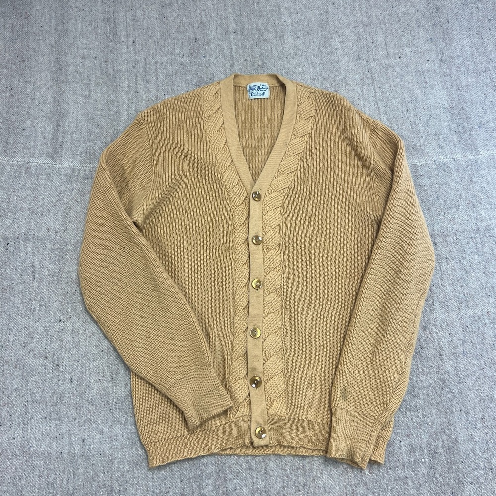 Vintage Caldwell Cardigan Mens Medium Yellow 1960s Chunky Cable